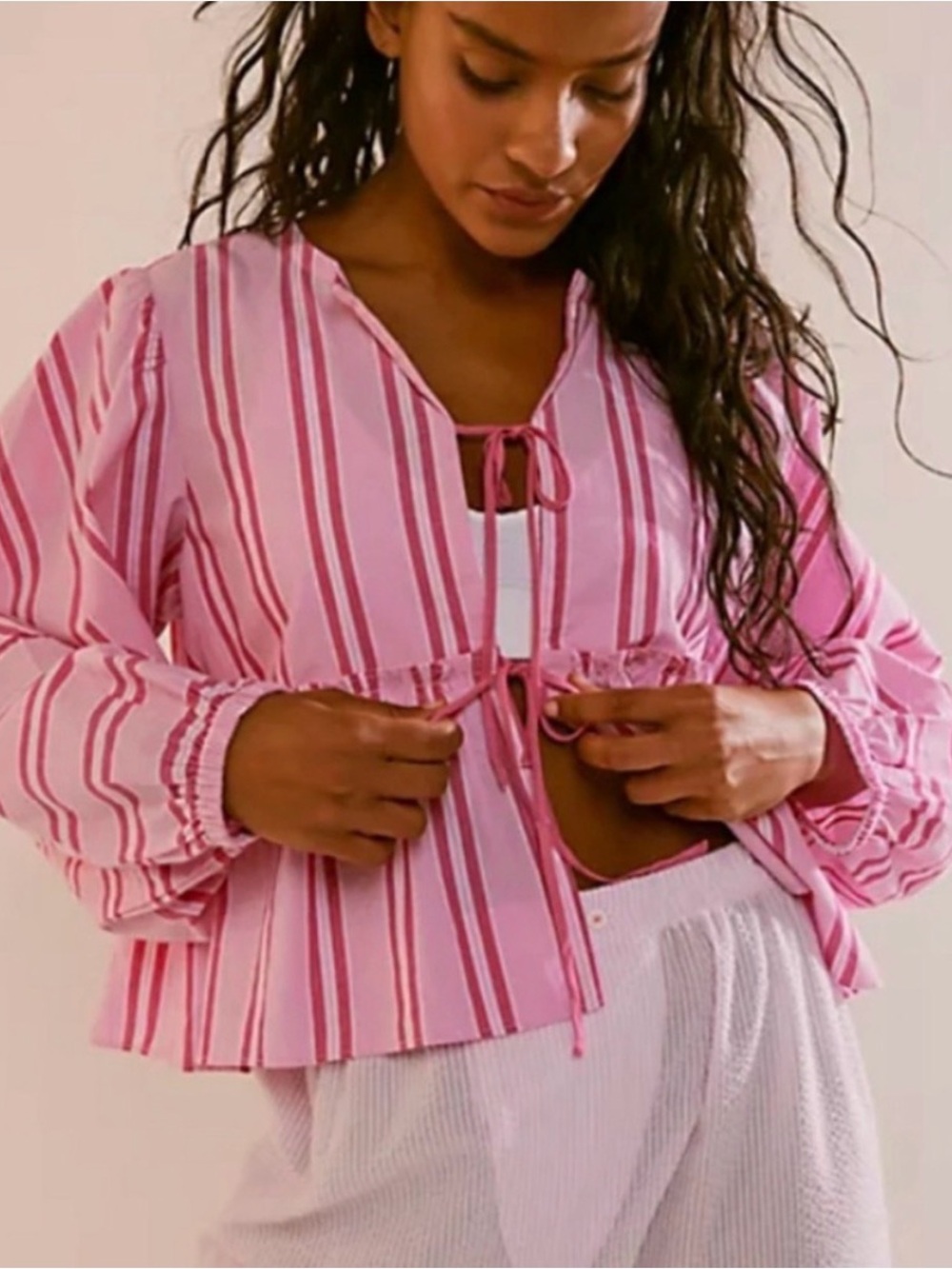 Free People Brunch Babe Striped Tie-Front Peplum Blouse Pink White | Size XS